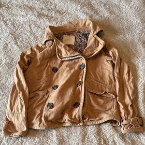 Free People 1970 Tan Trench Coat Floral Lined Cotton Utility Jacket Extra Small